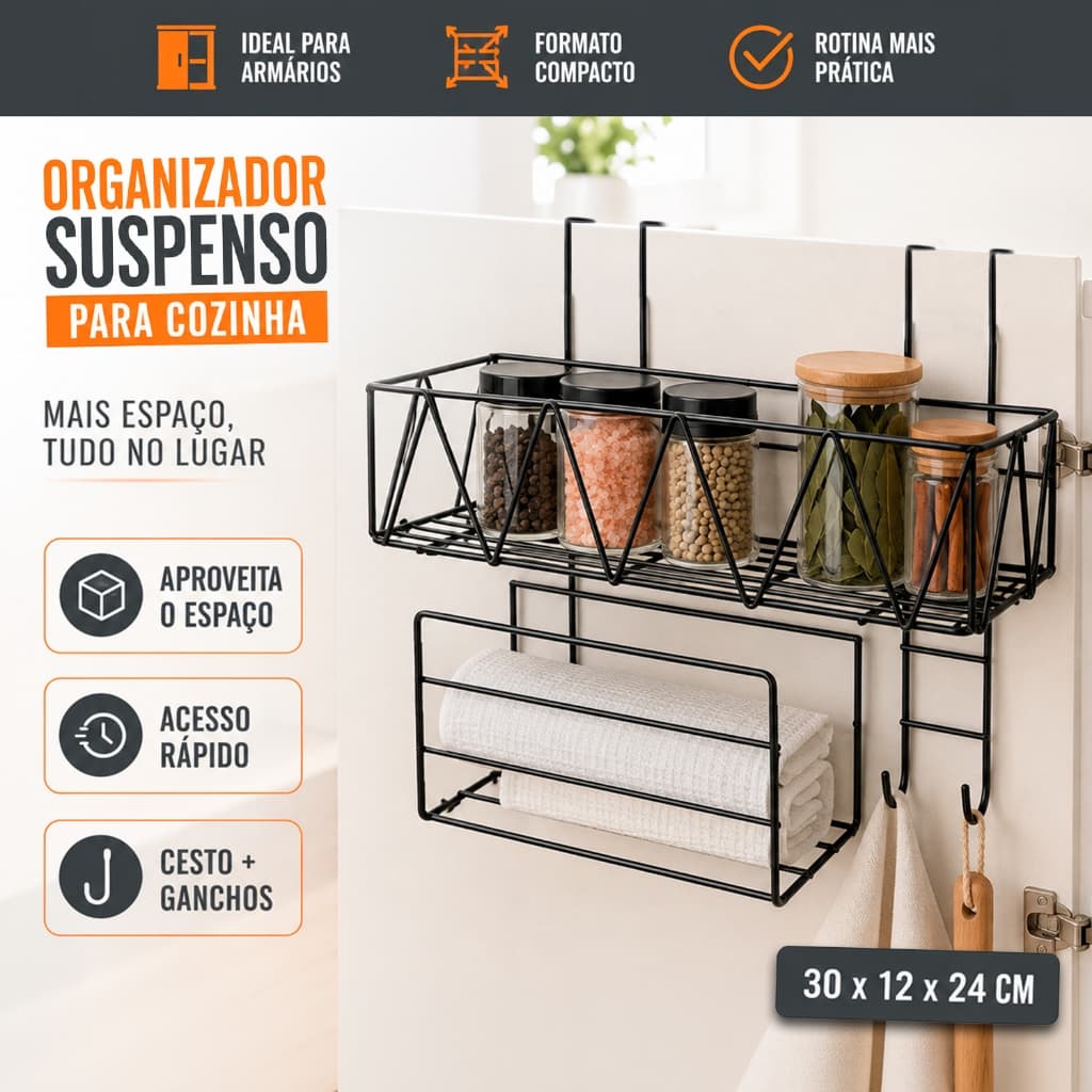 Cesto Organizador Suspenso para Armário, Parede Cozinha E Banheiro com Ganchos