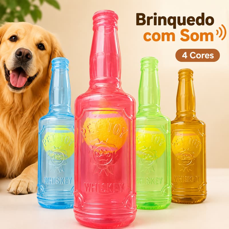 Brinquedo Mordedor Garrafa para Cachorro com Som e Bola Interna, Pequeno ou Grande, 4 Cores, Anti-tédio