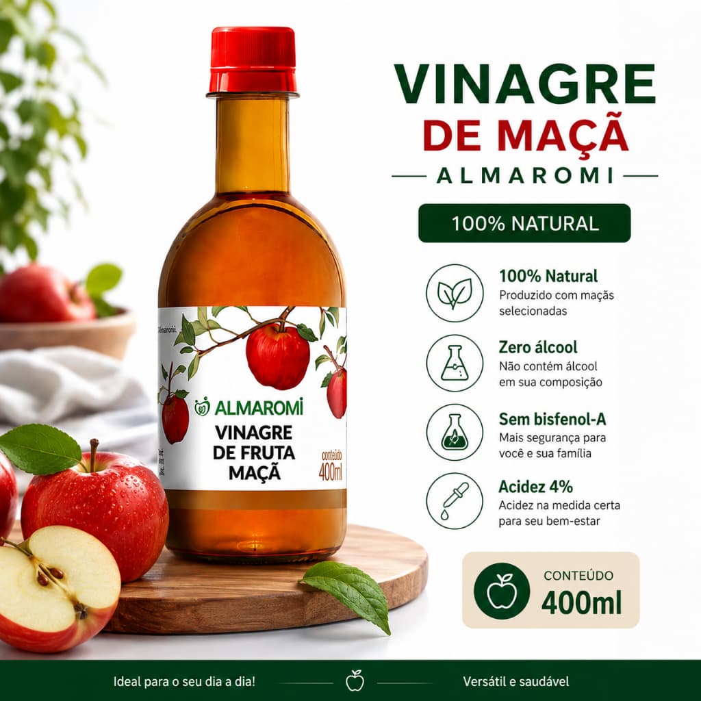 Vinagre de Maçã Almaromi 400ml 100% Natural Acidez 4% Zero Álcool Sem Glúten
