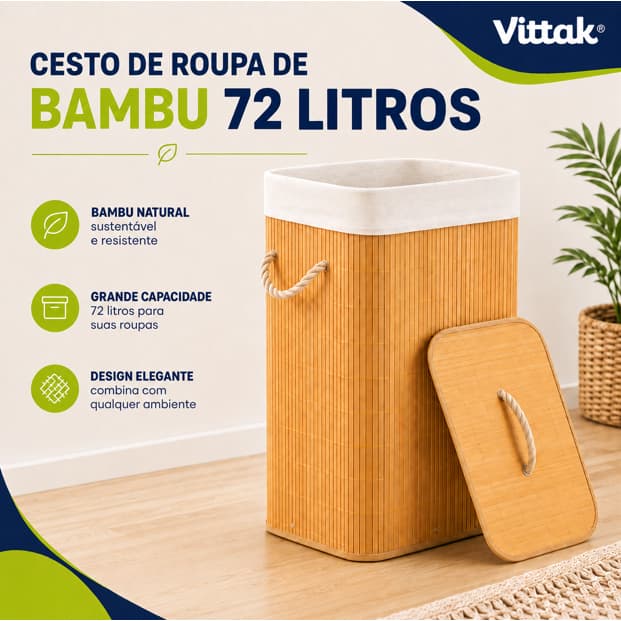 Vittak Cesto de Roupa Suja Bambu 72 LITROS Lavanderia com Tampa Retangular Forrado Quarto Banheiro Dobrável