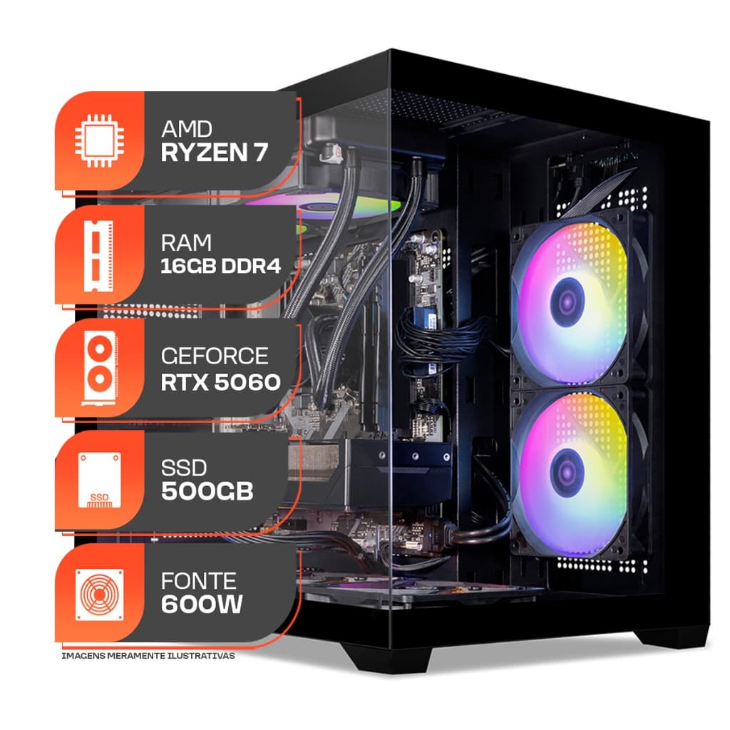 PC Gamer Titan Pro, AMD RYZEN 7 5700X, Water Cooler, GeForce RTX 5060 8GB, 16GB DDR4, SSD M.2 500GB, Fonte 600W 80 Plus
