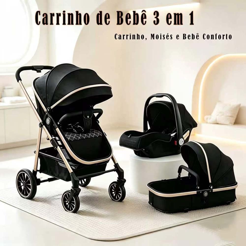 Carrinho de Bebê 3 em 1 Luxuoso：Moisés + Bebê Conforto + Base Veicular – Prático e Seguro，Essencial para mães！