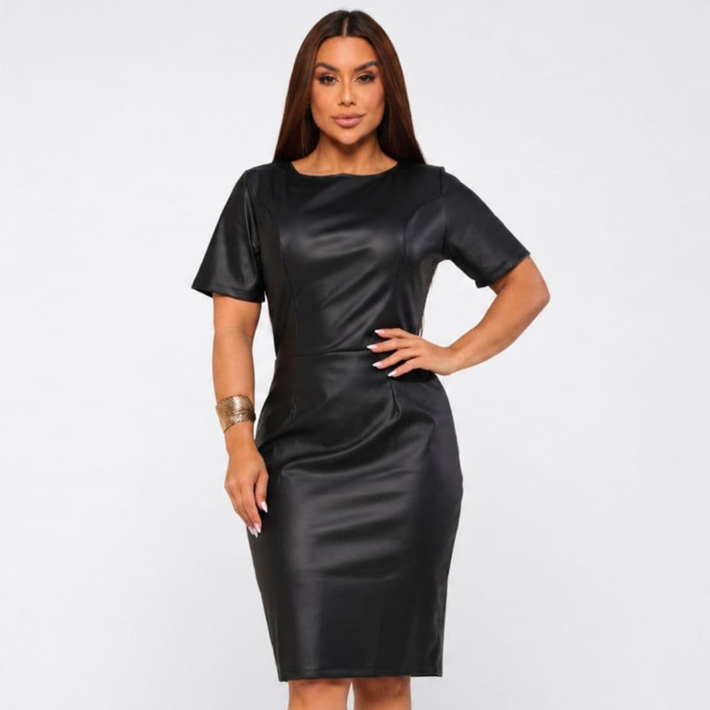 Vestido Feminino De Couro Elegante Manga Curta Moderno