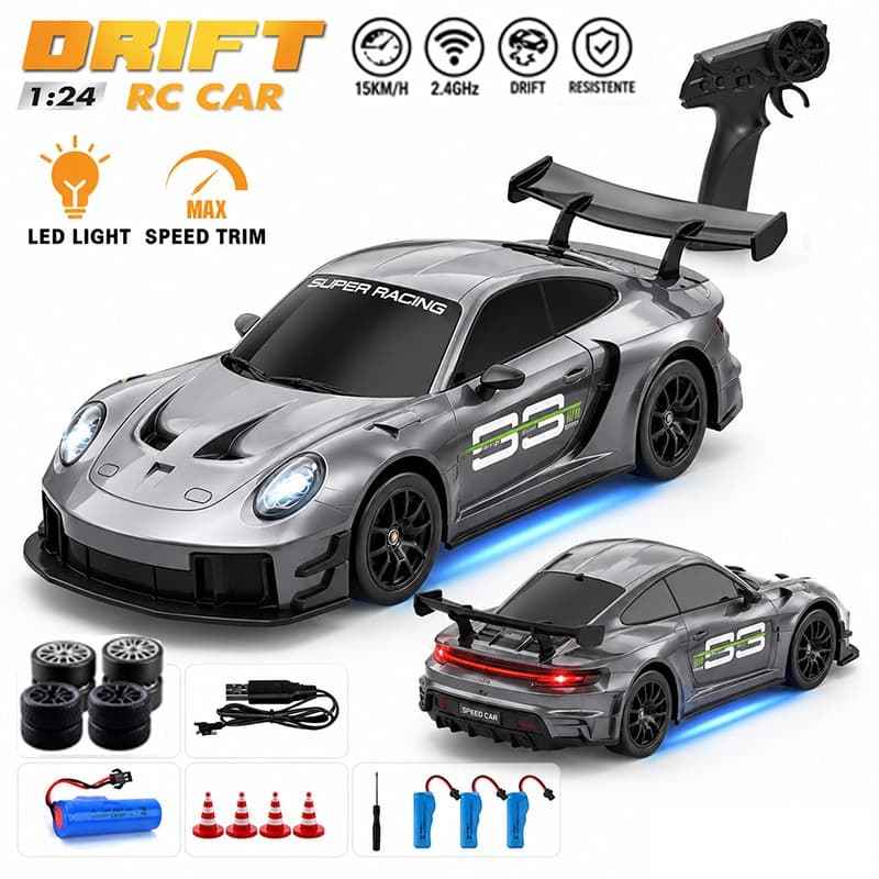 Carrinho Controle Remoto Porsche 911 1:24 Drift 4WD 15KM/H 2.4GHz Luz LED Bateria Recarregável Carro RC