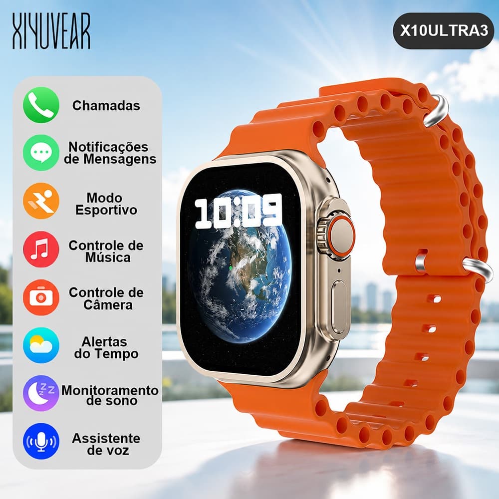 Smartwatch X10 Ultra 3 Tela 2,01" Chamadas Bluetooth 5.3, Notificações, 9 Modos Esportivos, Android iOS