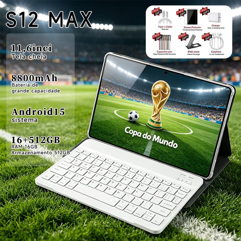 【Oferta Relâmpago】Tablet S12 Max Android 15 - Tela 11.6" 2K 16GB RAM + 512GB ROM Processador MTK6799 Bateria 8800mAh 5G