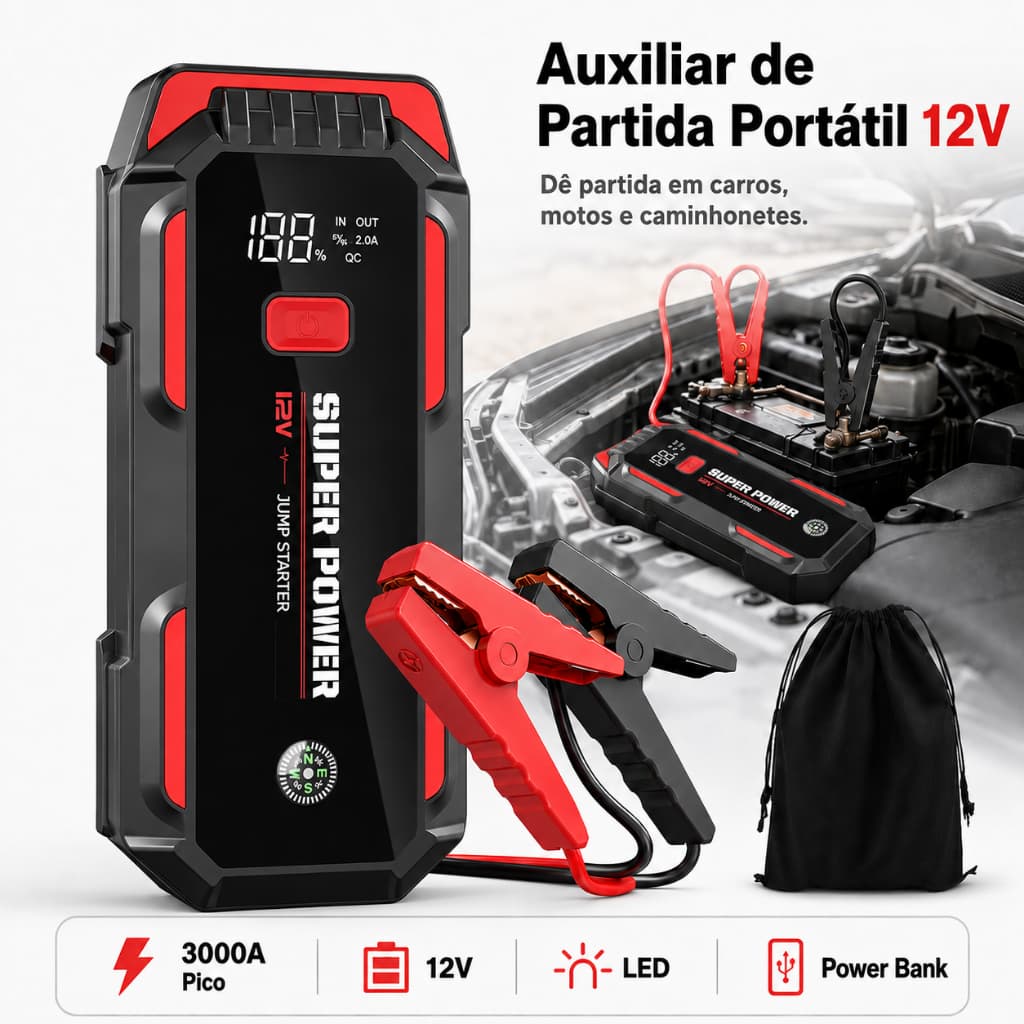Auxiliar De Partida Portatil Carro Moto 3000a Lanterna Led Emergencia Bateria Veicular 12v Profissional Carregador