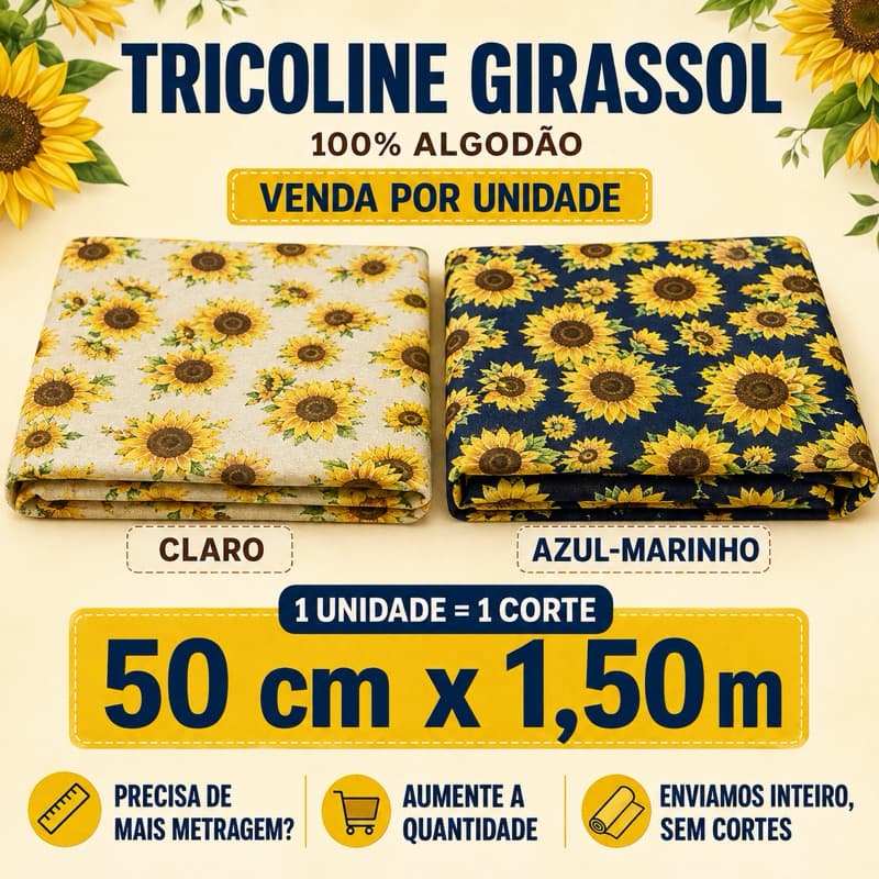 Tecido Tricoline Girassol 100% Algodão 50x1,50cm Estampa Floral Amarelo – Corte Contínuo Patchwork Artesanato