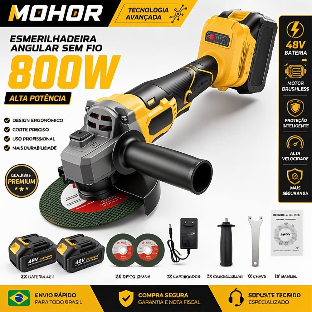 MOHOR Ferramenta Elétrica Esmerilhadeira Angular 48V Bivolt 125mm com Bateria Dupla