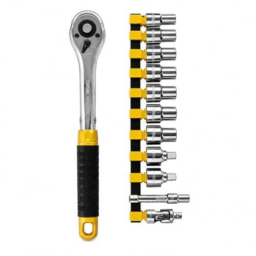 Jogo De Soquete Sextavado 10-22MM Com Chave Catraca Reversivel 1/4 Polegadas Extensão 12 Peças CRV