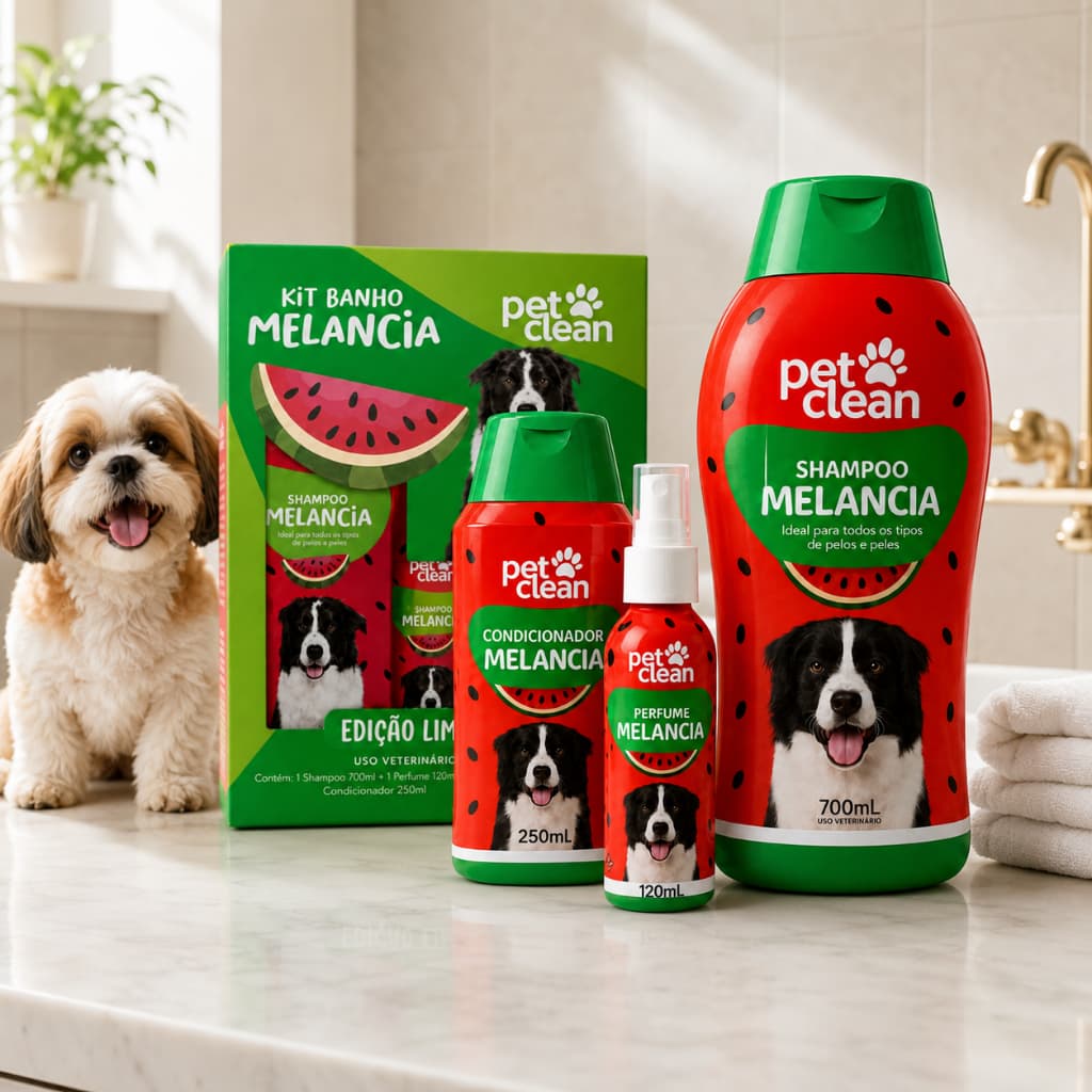 Kit Banho Pet Clean Melancia Para Cães Shampoo 700ml + Condicionador 250ml + Perfume 120ml