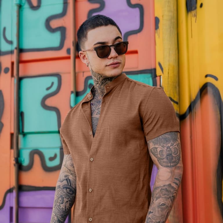 Camisa Manga Curta Masculino Social Slim Fit Verão Elegante e Leve Tecido Dunas Para confraternizações e viagens