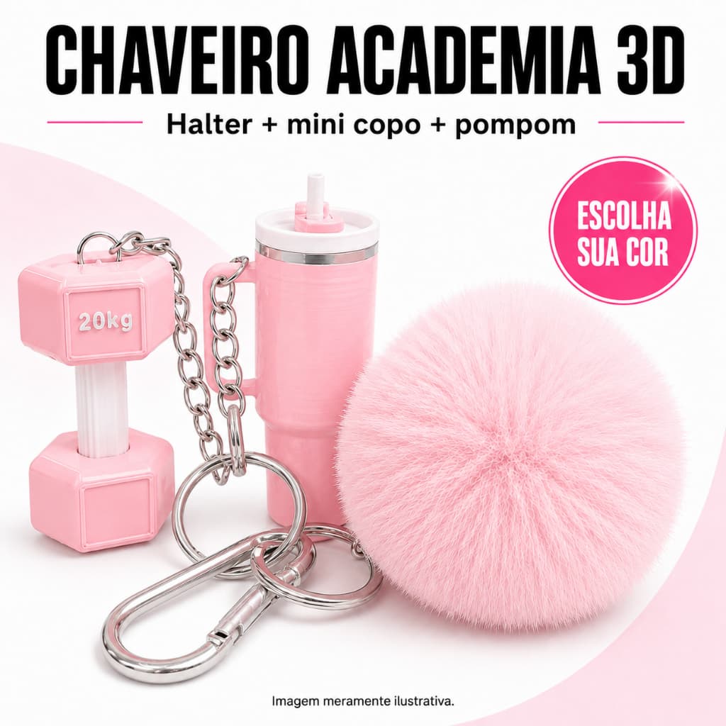 Chaveiro Fitness Academia 3D Mini Halter 20kg Mini Copo com Pompom Rosa Bebê Presente Criativo