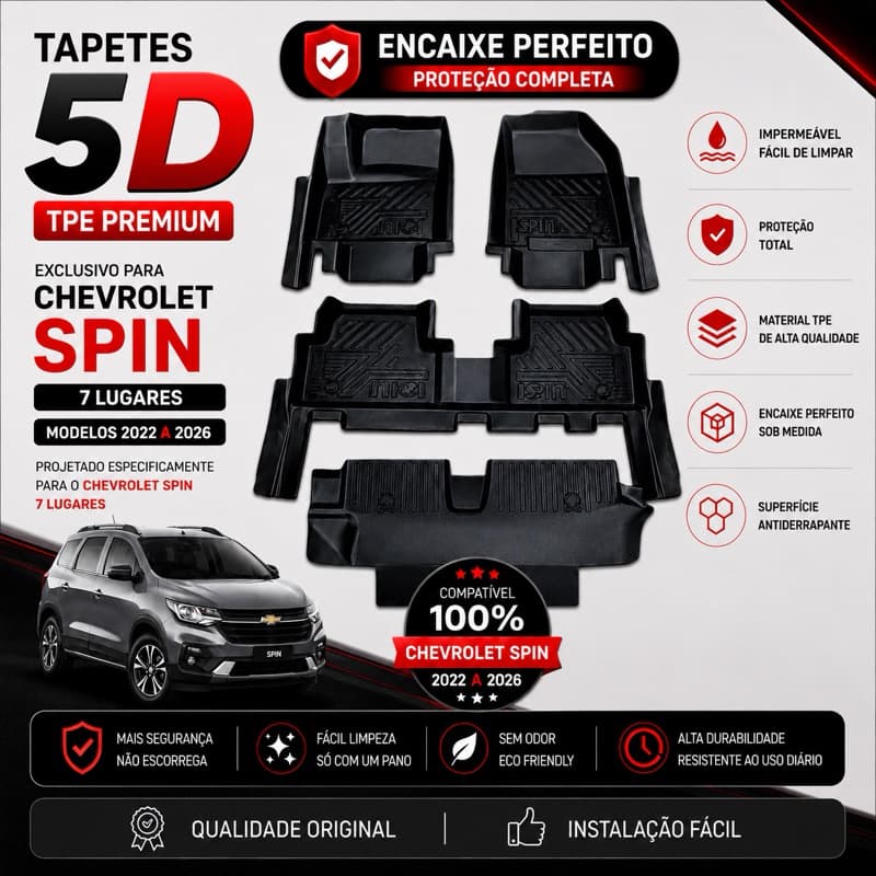 Tapete Bandeja Automotivo TPE 5D Sob Medida CHEVROLET SPIN 7 LUGARES , 2022 A 2026 ,  Resistente, Lavável