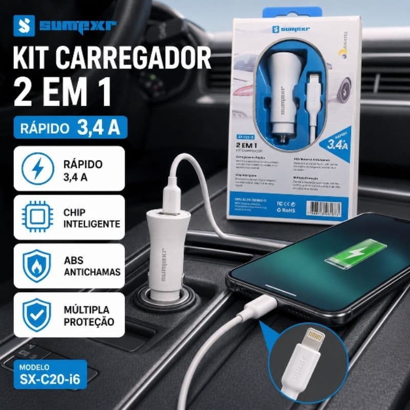 Kit Carregador Veicular Sumexr SX-C20-i6 3.4A com Cabo