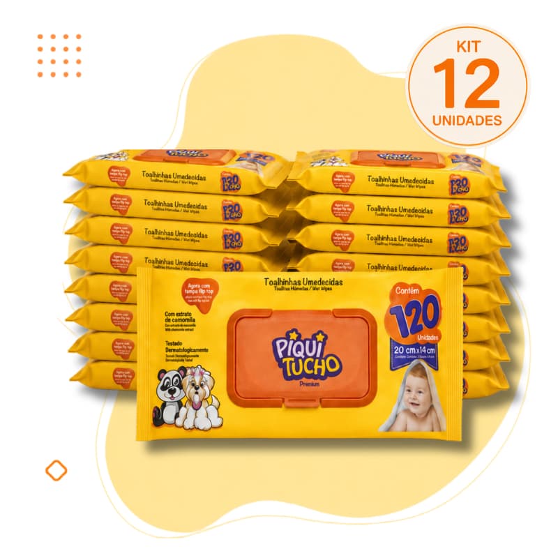 Kit 12 Lenços Umedecidos Piquitucho Premium Proteção Diária - 120 Unidades Cada Pacote