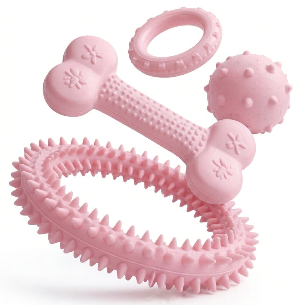 Kit Brinquedos Cachorro Porte Pequeno Filhote Mordedor Para Gengiva Ossinho Anti Estresse Rosa Azul