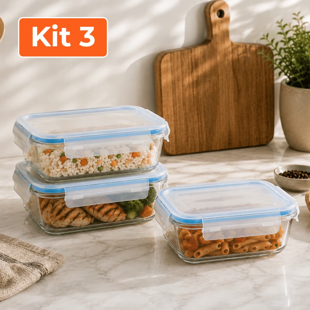 3 Marmitas de Vidro Herméticas 640ml Potes com Tampa Trava Anti Vazamento Freezer Forno Geladeira