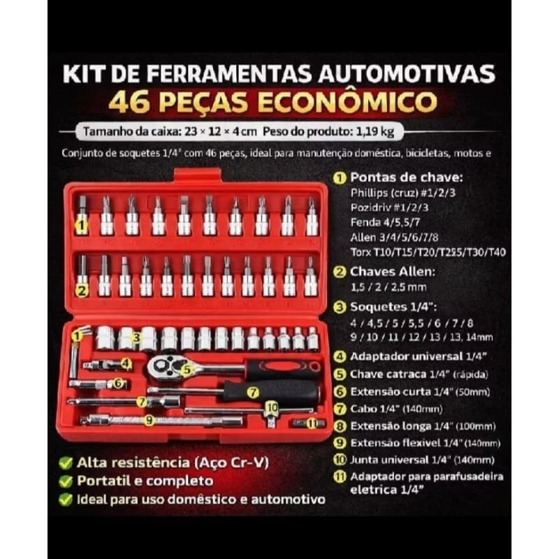 Kit Ferramentas 46 Peças Completo Catraca Profissional Aço Portátil Multiuso Carro Moto