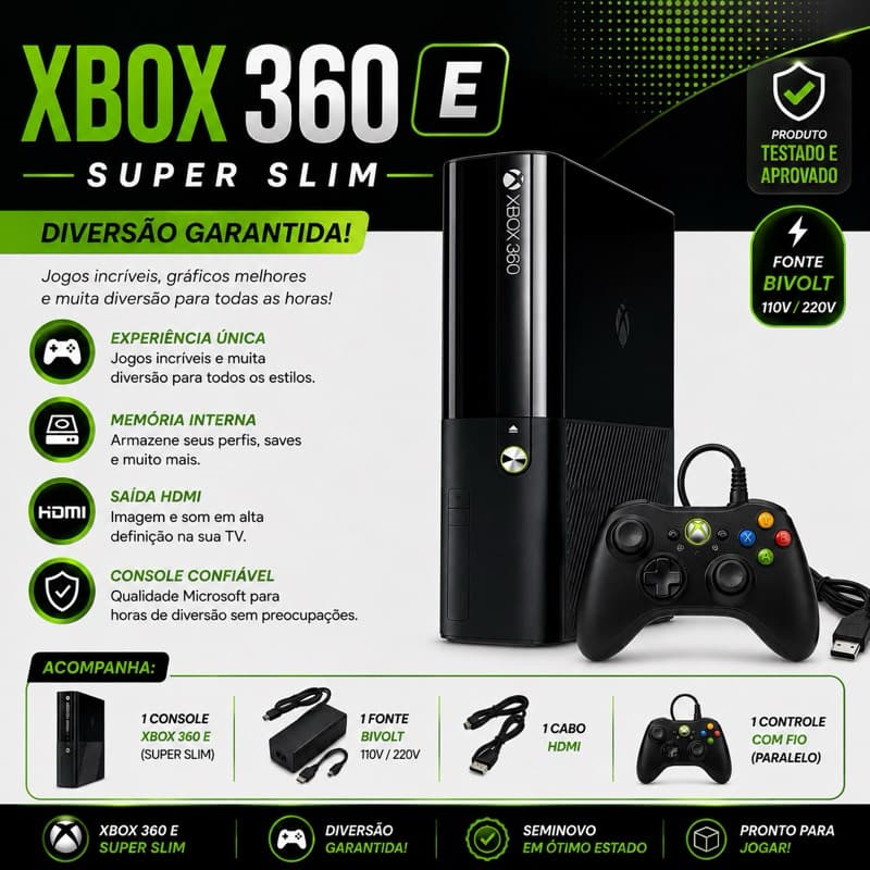 Videogame Xbox 360 Super Slim 250gb 1 Controle Com Fio - Seminovo