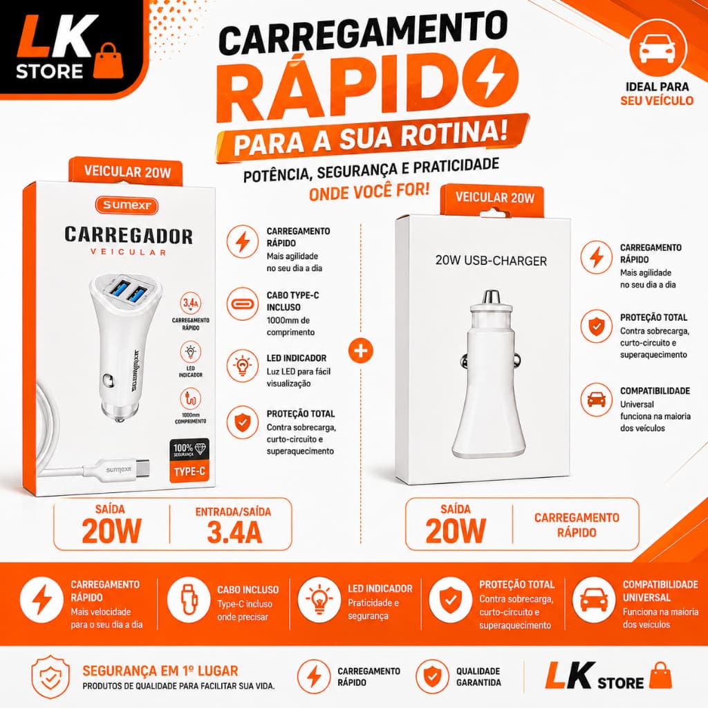 Carregador Veicular Rápido 20W 3.4A USB Duplo para Celular + Cabo Type-C | Carro 12V/24V