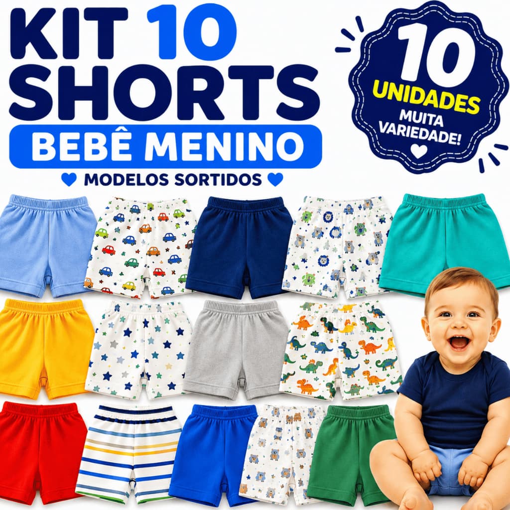 Kit 10 Shorts Bebê Menino Tapa Fralda Algodão RN P M G Roupa Bebê Verão Short Infantil Enxoval Sortido