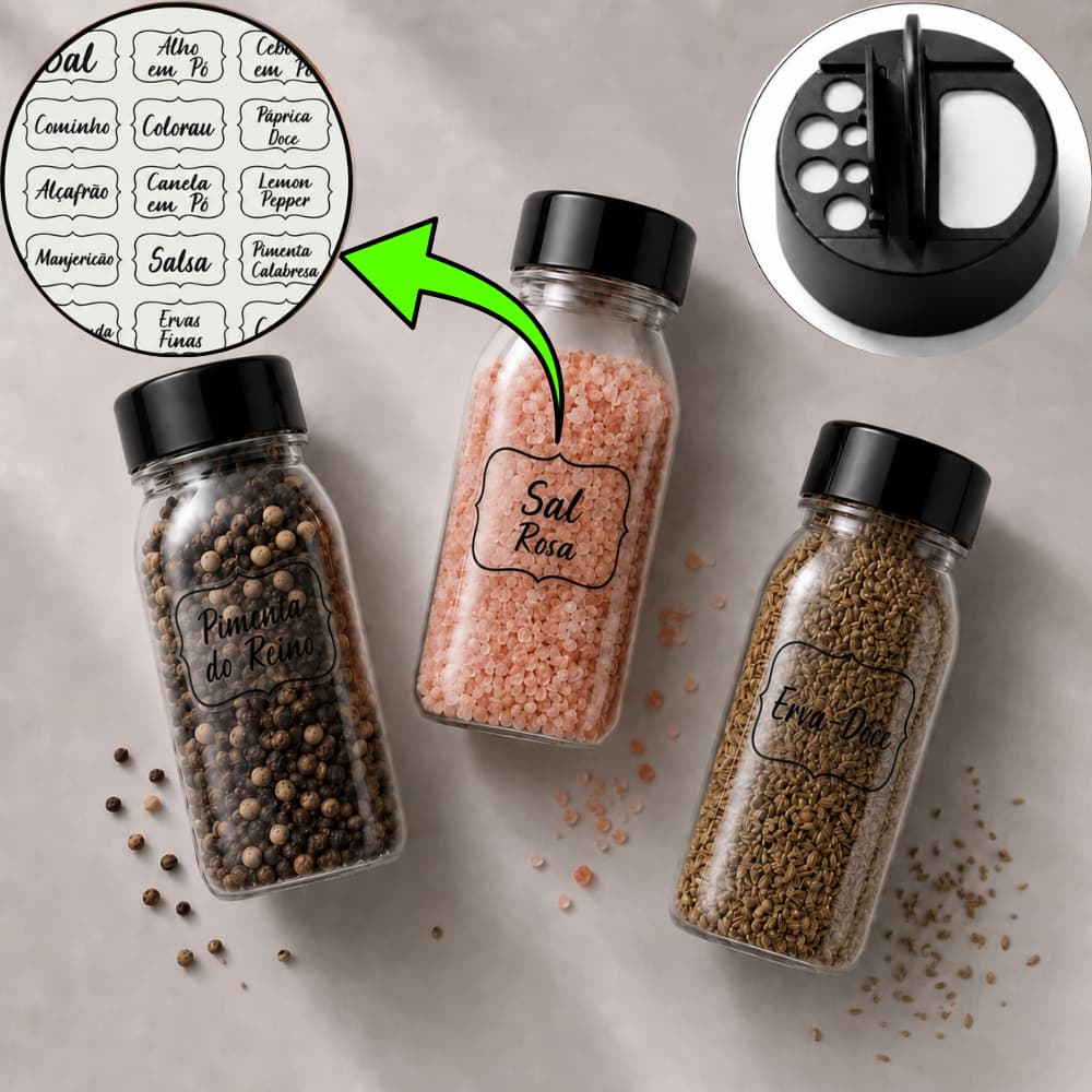 Potes Premium 120ml/200ml/300ml de Tempero para Cozinha + Cartela de 25x Etiquetas Tempero | Envio Imediato