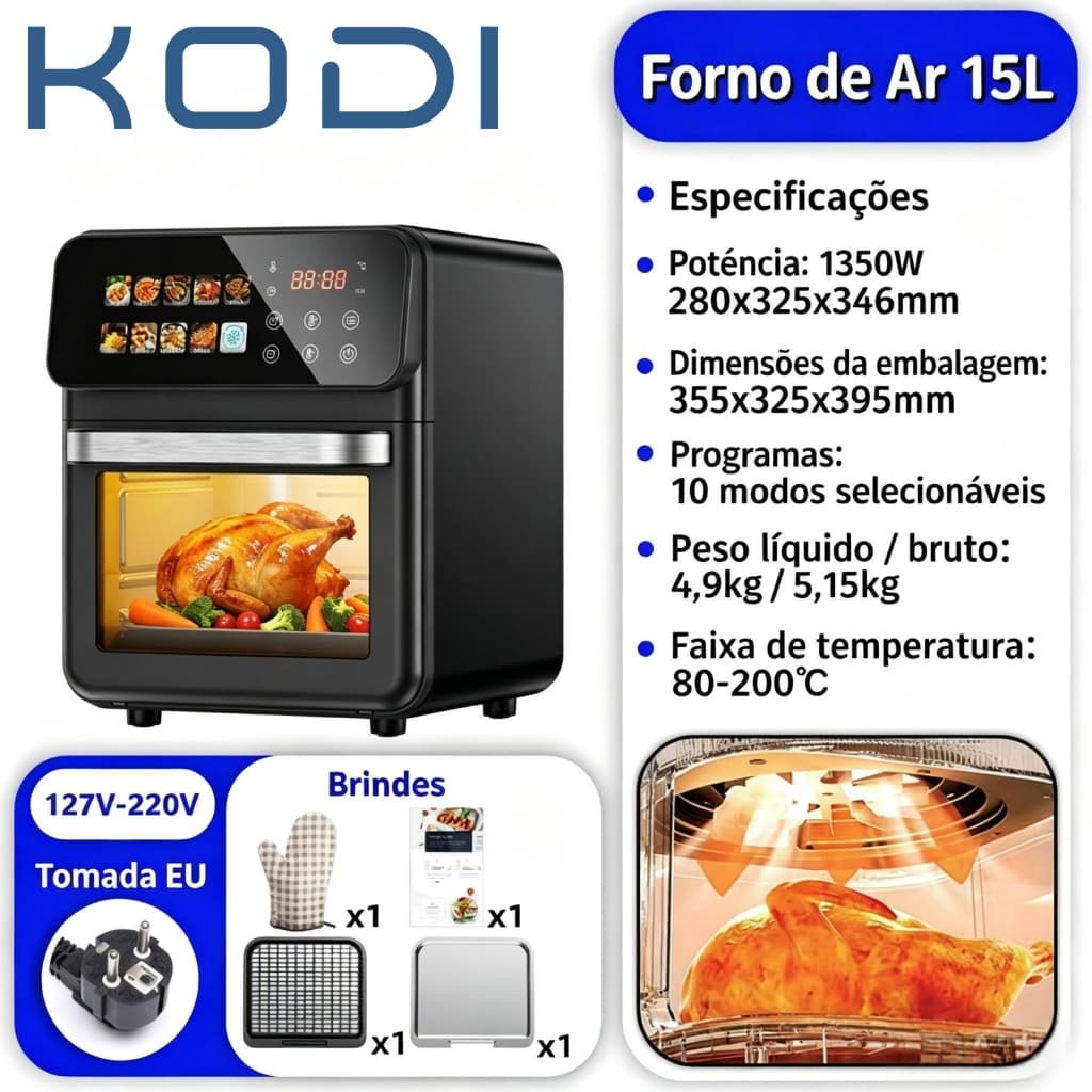 Air Fryer Forno 9,5L 1350W Fritadeira Sem Óleo 2 em 1 10 Modos Touch 127V 220V D15