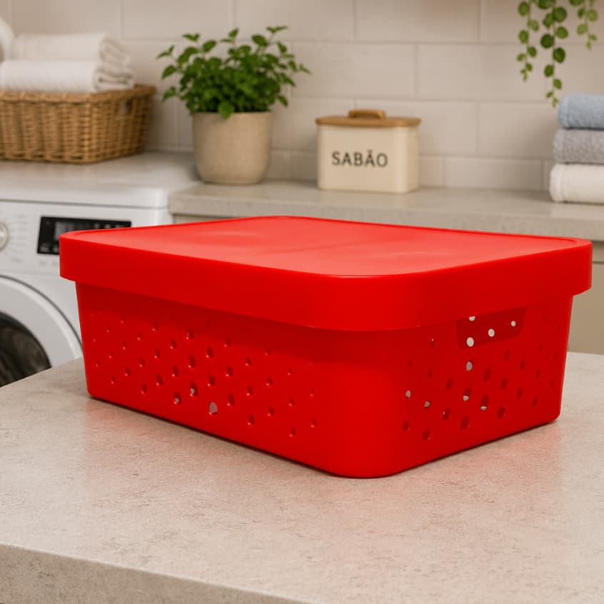 Caixa organizadora com tampa 11 litros vermelha organizador quarto cozinha lavanderia escritório