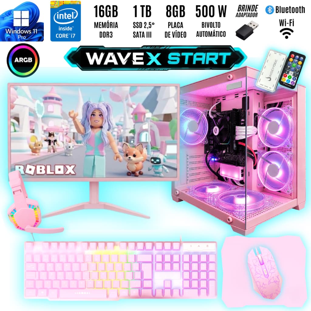 PC Gamer WaveX Start Rosa I7 16GB Ram LED Controlável ARGB Adaptador Wifi Bluetooth Computador Montado Monitor + Kit