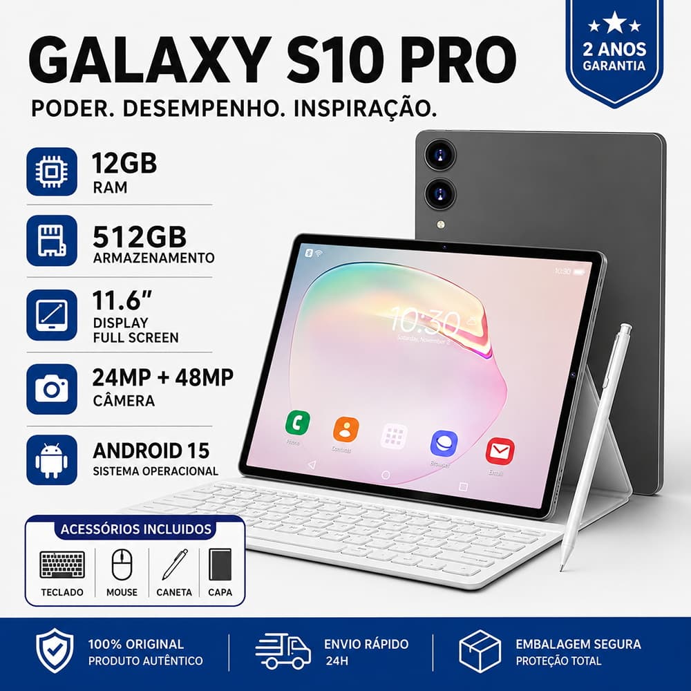 Tablet Galaxy S10 PRO 11,6" Android 15 12GB RAM 512GB ROM 5G LTE Câmera 48MP Teclado Mouse Caneta + Frete Grátis WIFI 6+