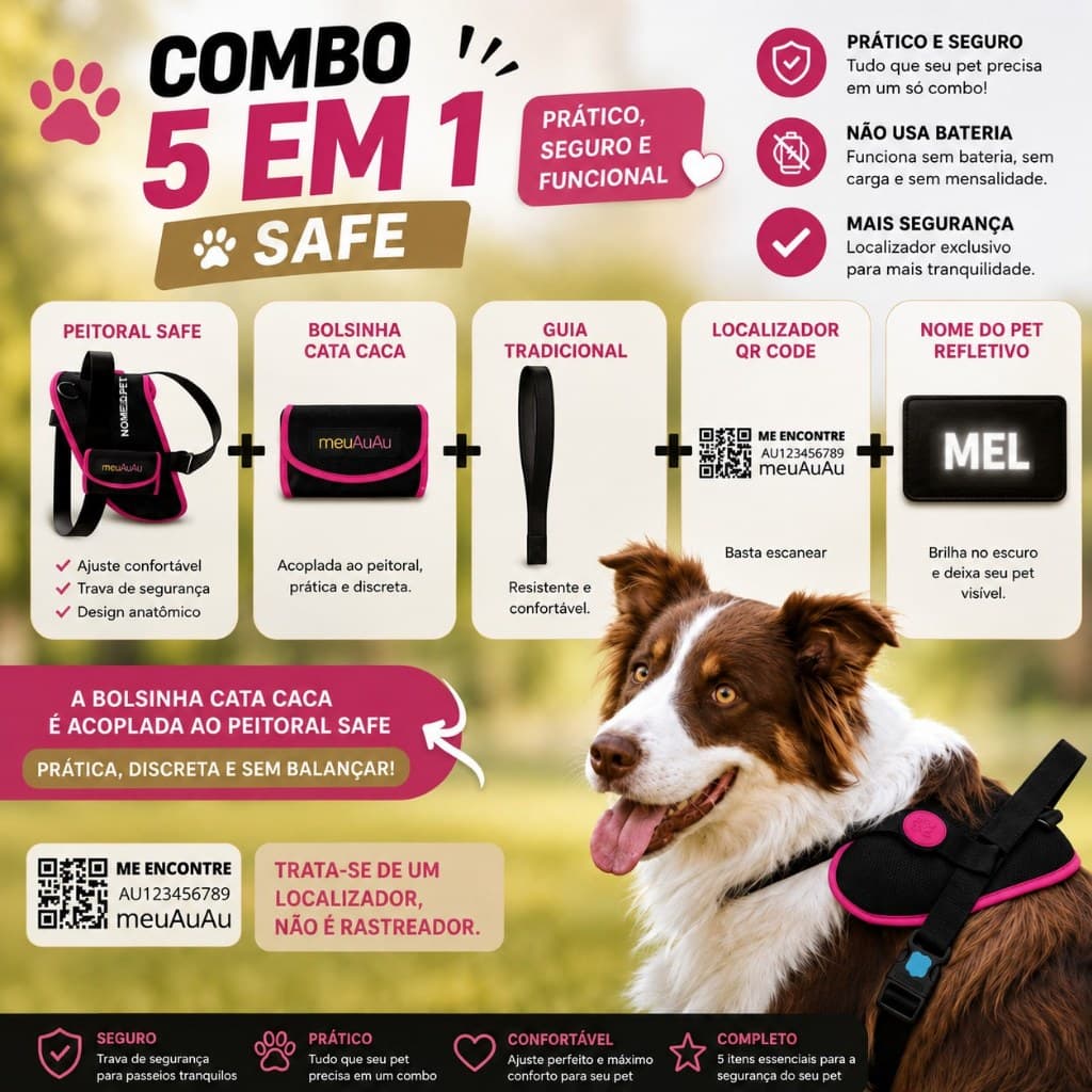 Kit Peitoral Segura para cachorro 5 em 1 com Guia + Nome Personalizado do Pet para todas