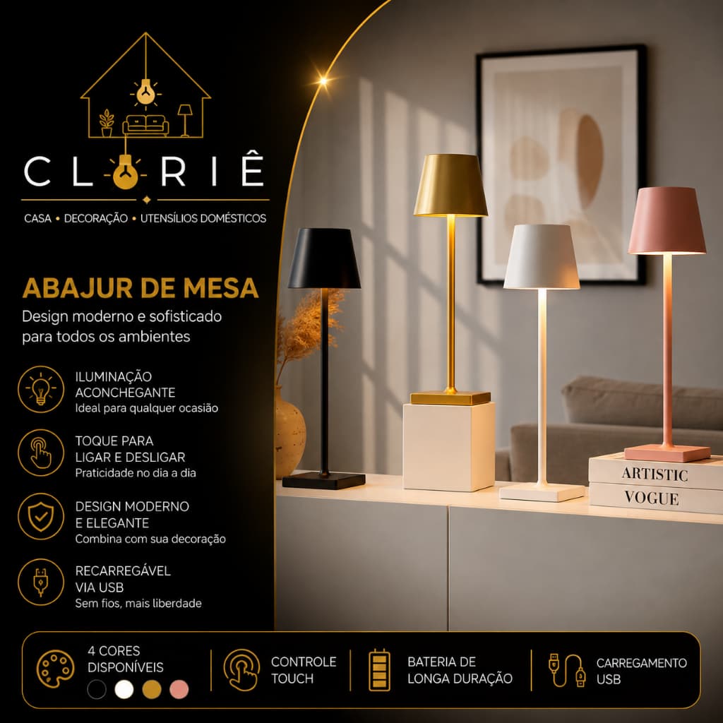 Abajur Moderno LED 3 Cores USB Luminária de Mesa Decorativa