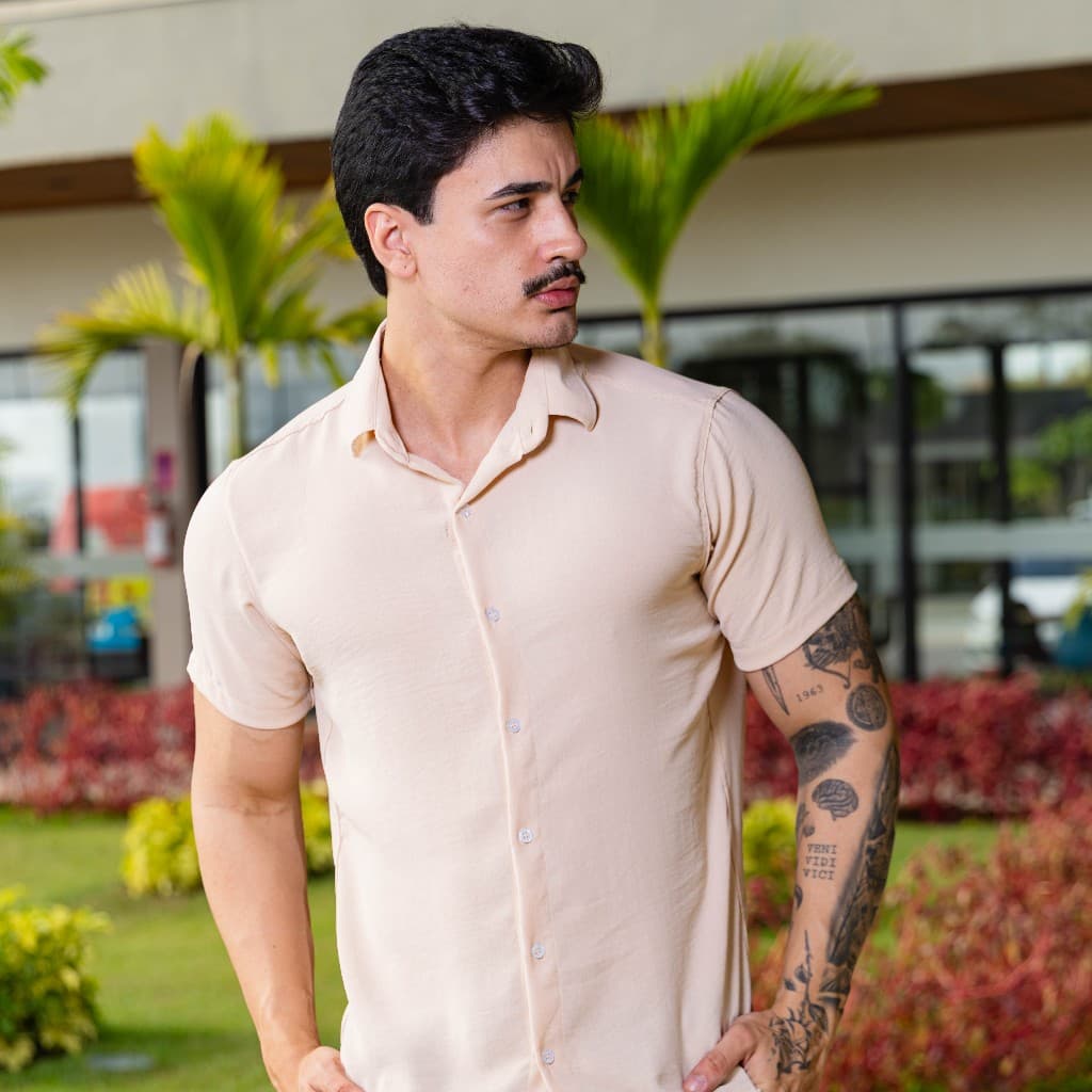 Camisa Social Masculina Manga Curta Slim Fit Texturizada Elasticidade