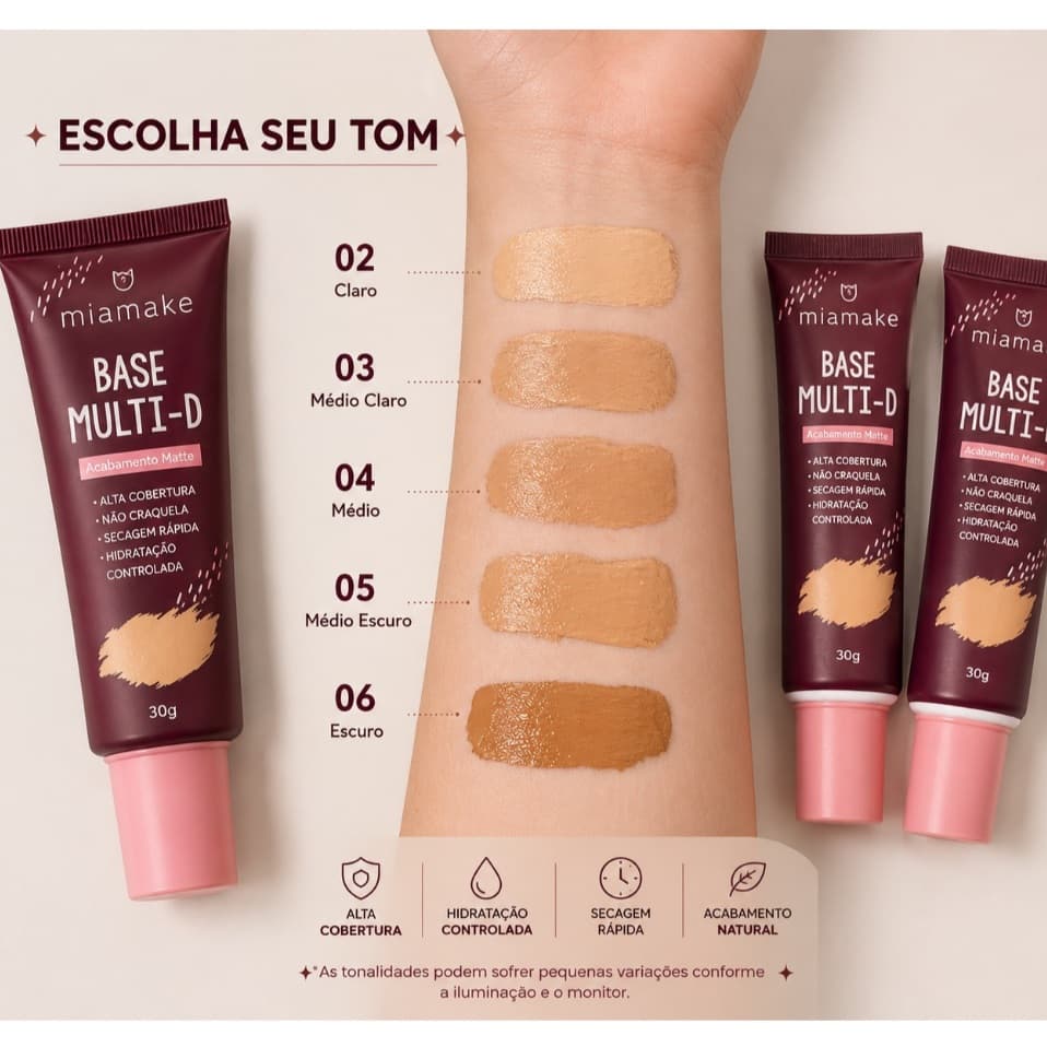 Base Liquida para Maquiagem Matte Mia Make Multi-D Alta Cobertura Acabamento Profissional
