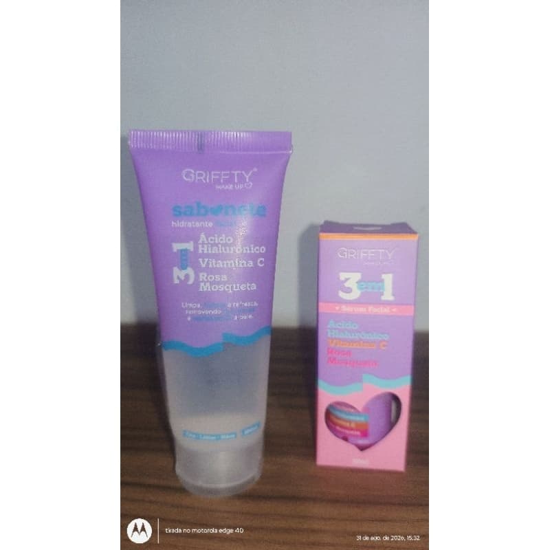 Kit Skincare Griffty 3em1 Ácido Hialurônico Vitamina C Rosa Mosqueta Sabonete Mousse Facial e Sérum Anti-idade