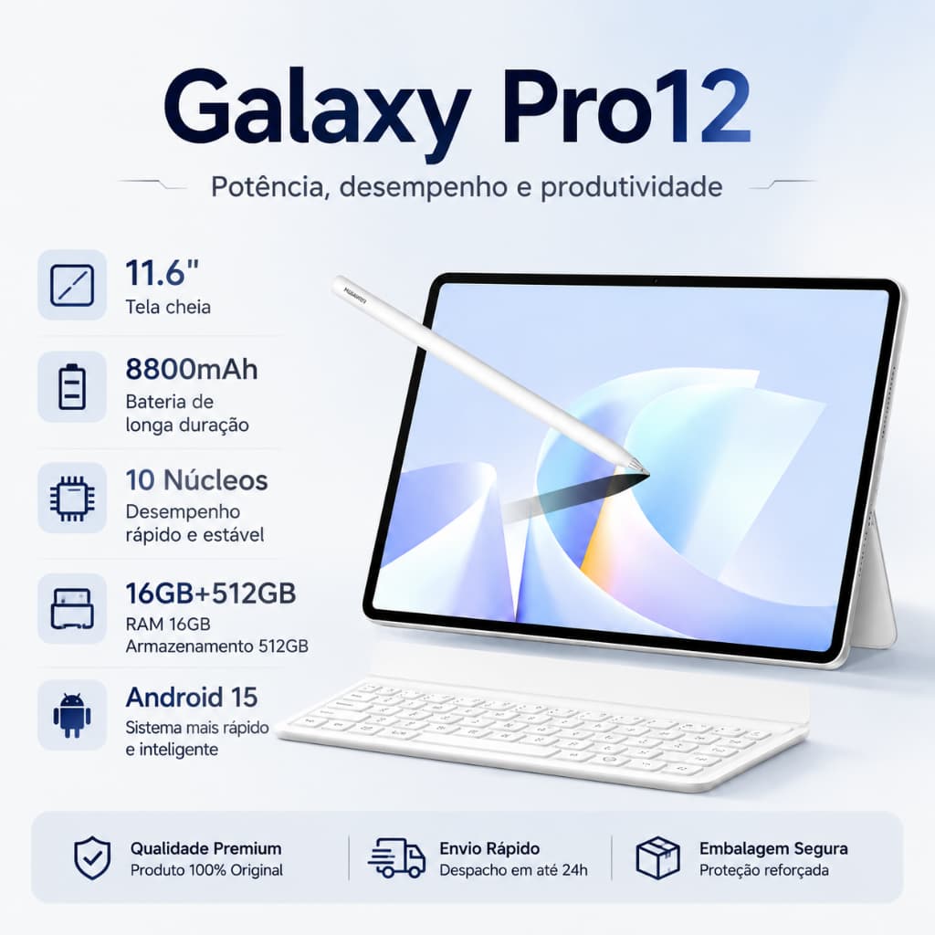 Galaxy Pro12 Tablet | 16GB RAM 512GB | 11.6" HD Screen | Android 15 | 5G | WIFI Free Keyboard and Mouse