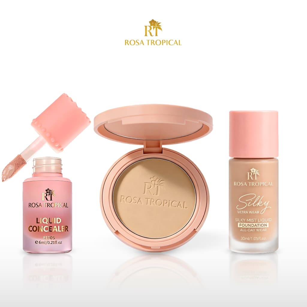 Kit Pele dos Sonhos Rosa Tropical: Base Líquida Matte + Corretivo Líquido Alta Cobertura + Pó Fixador Compacto
