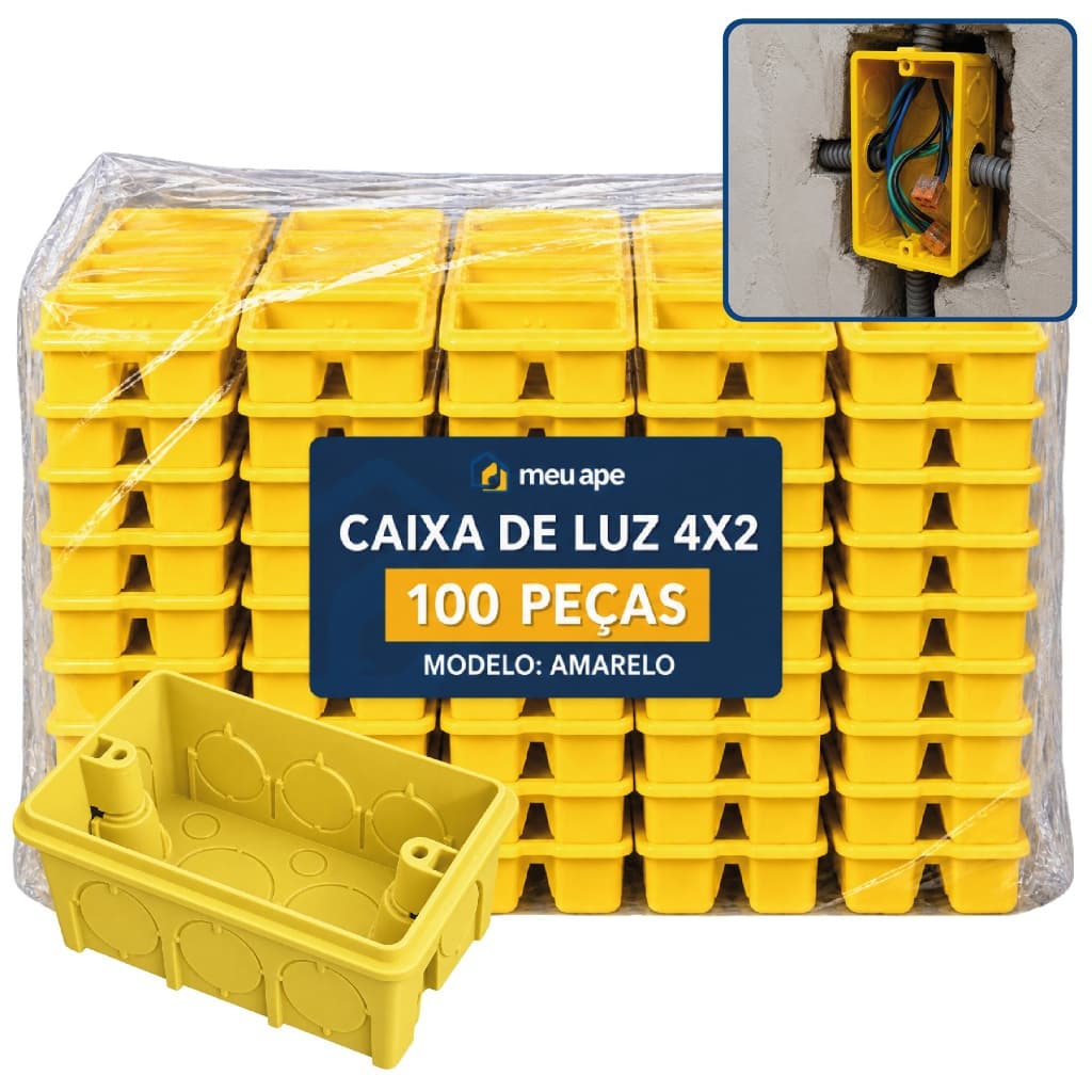100 Caixa de Luz 4x2 Reforçada P/ Tomada Interruptor Embutir Amarelo Preto Energia