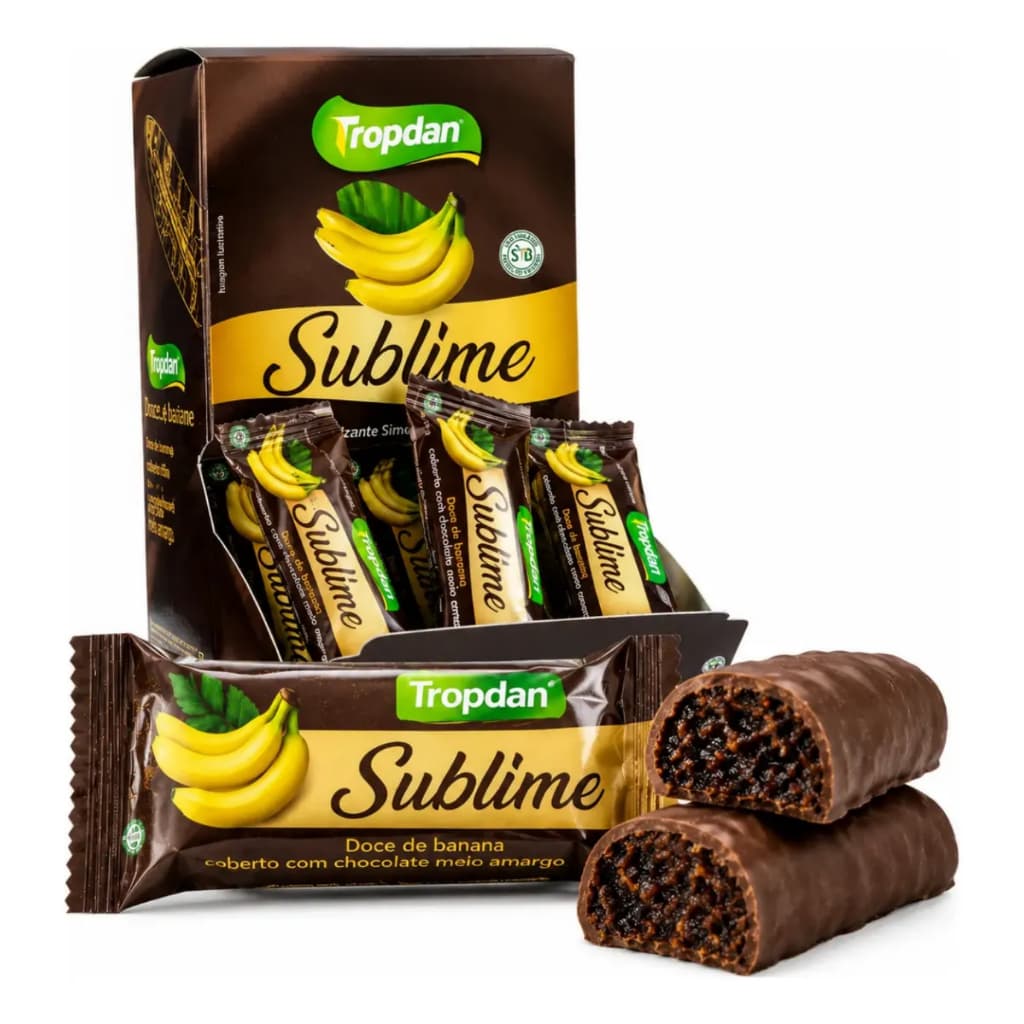 Doce de Banana com Chocolate Meio Amargo Tropdan Sem Glúten Sobremesa Pré Treino Saudável Display 30x15g