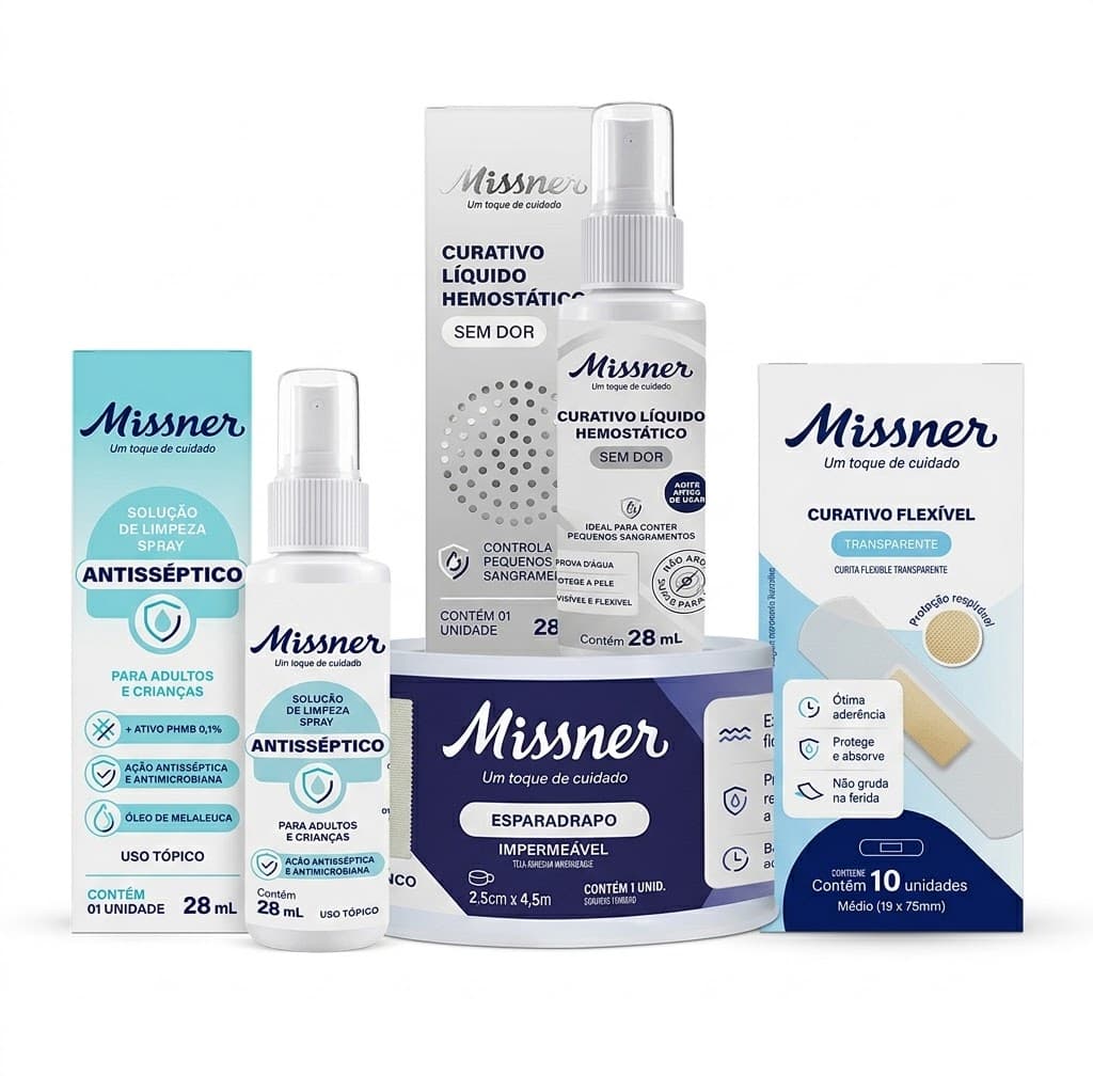 Kit Primeiros Socorros – Hemostático 28ml + Antisséptico 28ml + Esparadrapo Impermeável 2,5cm + Curativo Flexível 10 Un