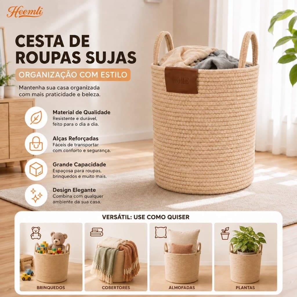 Heemli Cesto de Roupa Suja em Algodão com Alças, Cesta Organizadora Grande para Banheiro Quarto Lavanderia