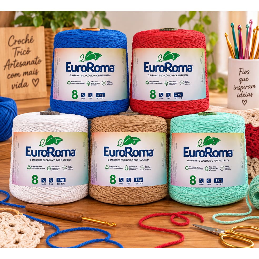 Kit 5 Cones Barbante EuroRoma 1 Kilo Espessura Fio 8 Coloridos para Crochê Tricô Artesanato