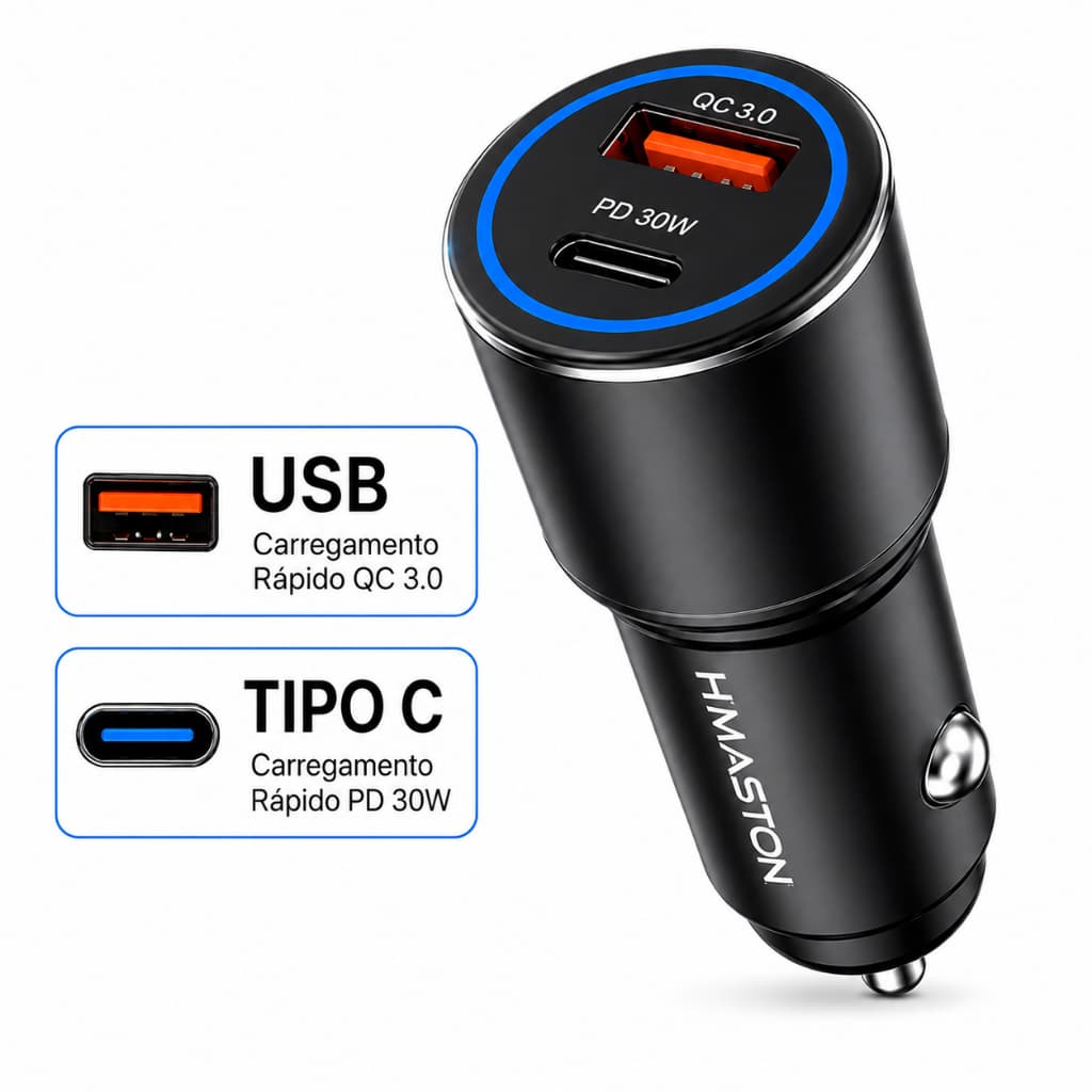 Carregador Veicular 67,5W Turbo Original USB e USB-C Carga Rápida para Carro 12V/24V H'Maston L06L Carregamento Rápido