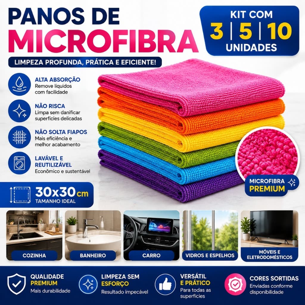Kit 3, 5 ou 10 Panos de Microfibra 30x30cm Alta Absorção Multiuso Limpeza Casa Carro Vidros