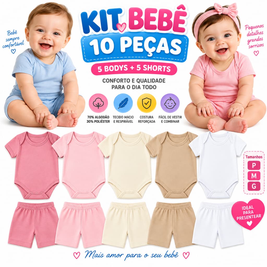 kit 10 peças Body manga curta Shorts Enxoval menina e menino para bebe infantil feminina tapa fralda