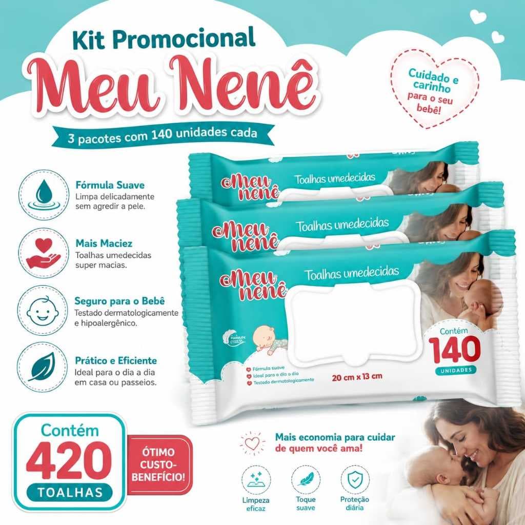 Toalhas Umedecidas Meu Nenê 3 Pacotes com 140 Unidades - Kit Promocional