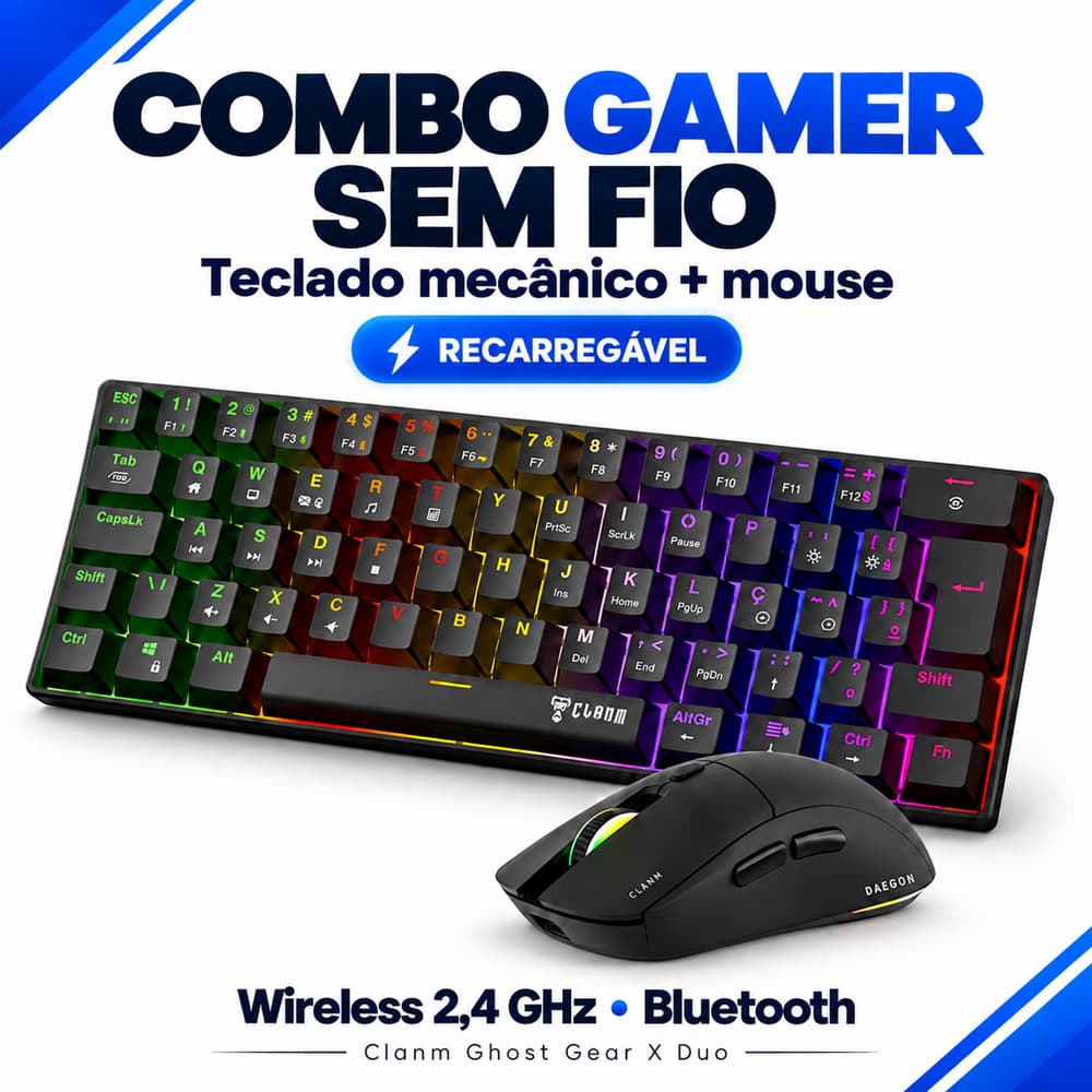 Combo Gamer Setup Compacto Teclado 60% Mecânico e Mouse Wireless RGB Clanm Ghost Gear X Duo