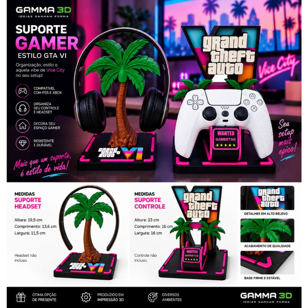Porta Controle Suporte video game tema GTA 6 PS5 XBOX | GTA VI