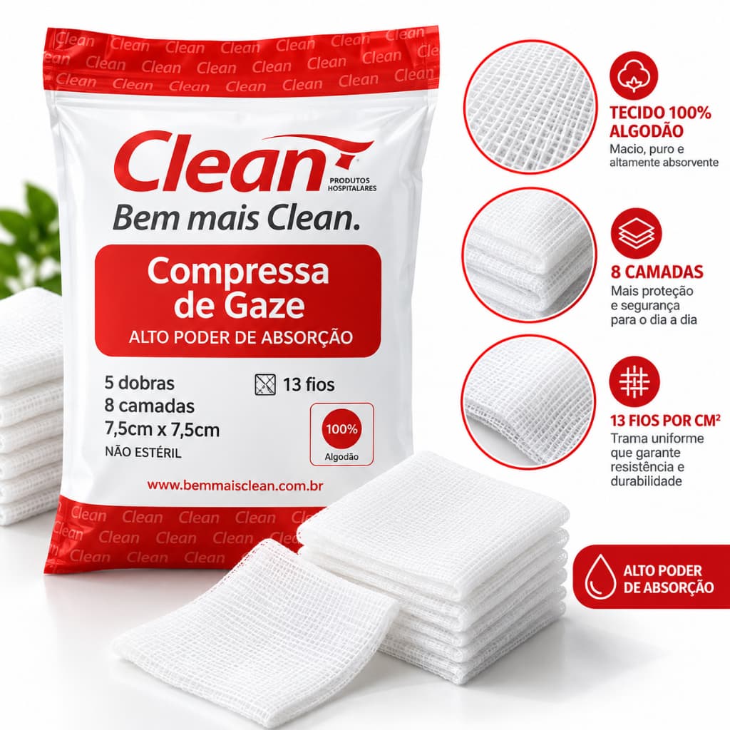 Kit Compressas De Gaze 13 Fios Clean Hidrófila 240g Kit